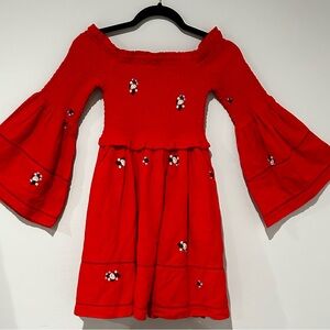 Free People Red Floral Embroidered Off Shoulder Boho Dress XS Bell Sleeve